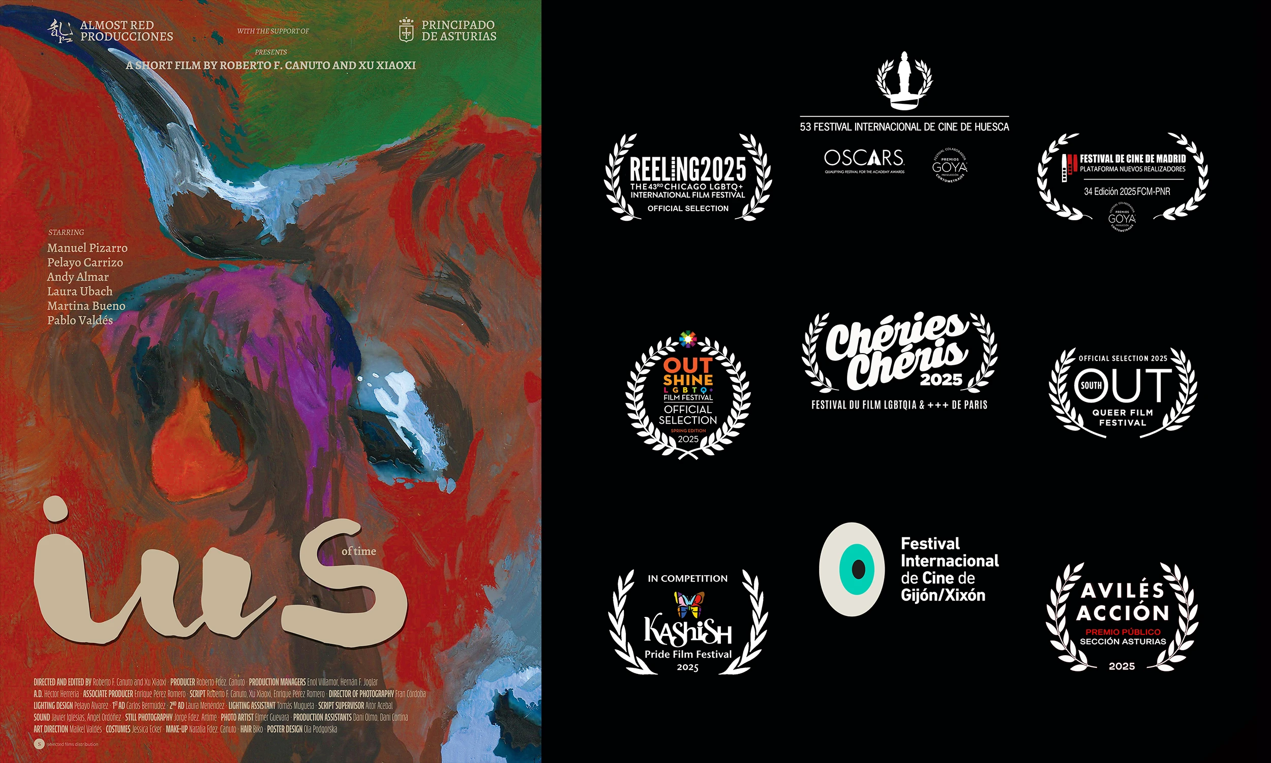 Spanish poster of the short film “IUS of Time” featuring logos from nine international film festivals, including Reeling, Outshine, OutSouth, Madrid Film Festival (FCM-PNR), Huesca International Film Festival, Gijón International Film Festival, Kashish Mumbai International Queer Film Festival, Avilés Acción Film Festival, and Chéries-Chéris LGBTQIA+ Film Festival, 2025.