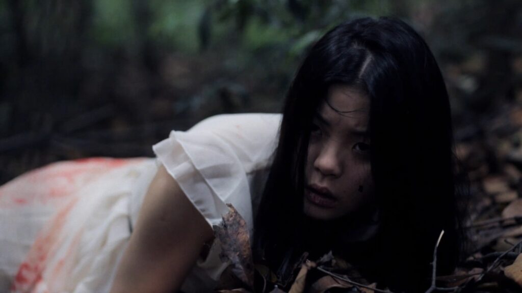 Wu Xiaofan (Sherry Ruihong Xia) waking up and looking around in the forest – Ni Jing: Thou Shalt Not Steal (2013)