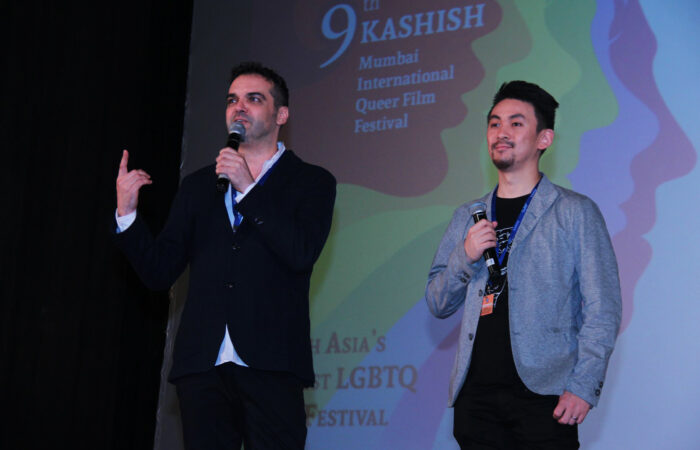 Directors Roberto F. Canuto and Xu Xiaoxi presenting their film Sunken Plum to the audience at the Kashish Pride Film Festival in Mumbai, India in 2008.
