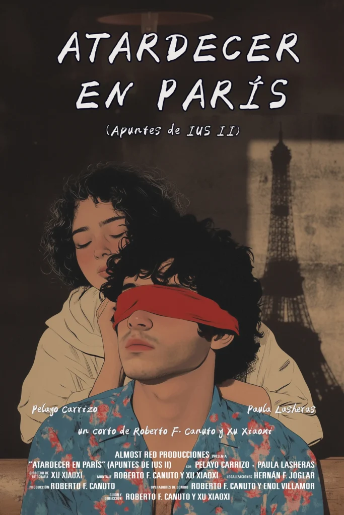Póster Atardecer en París, cortometraje drama, Asturias cine, Roberto F. Canuto, Xu Xiaoxi