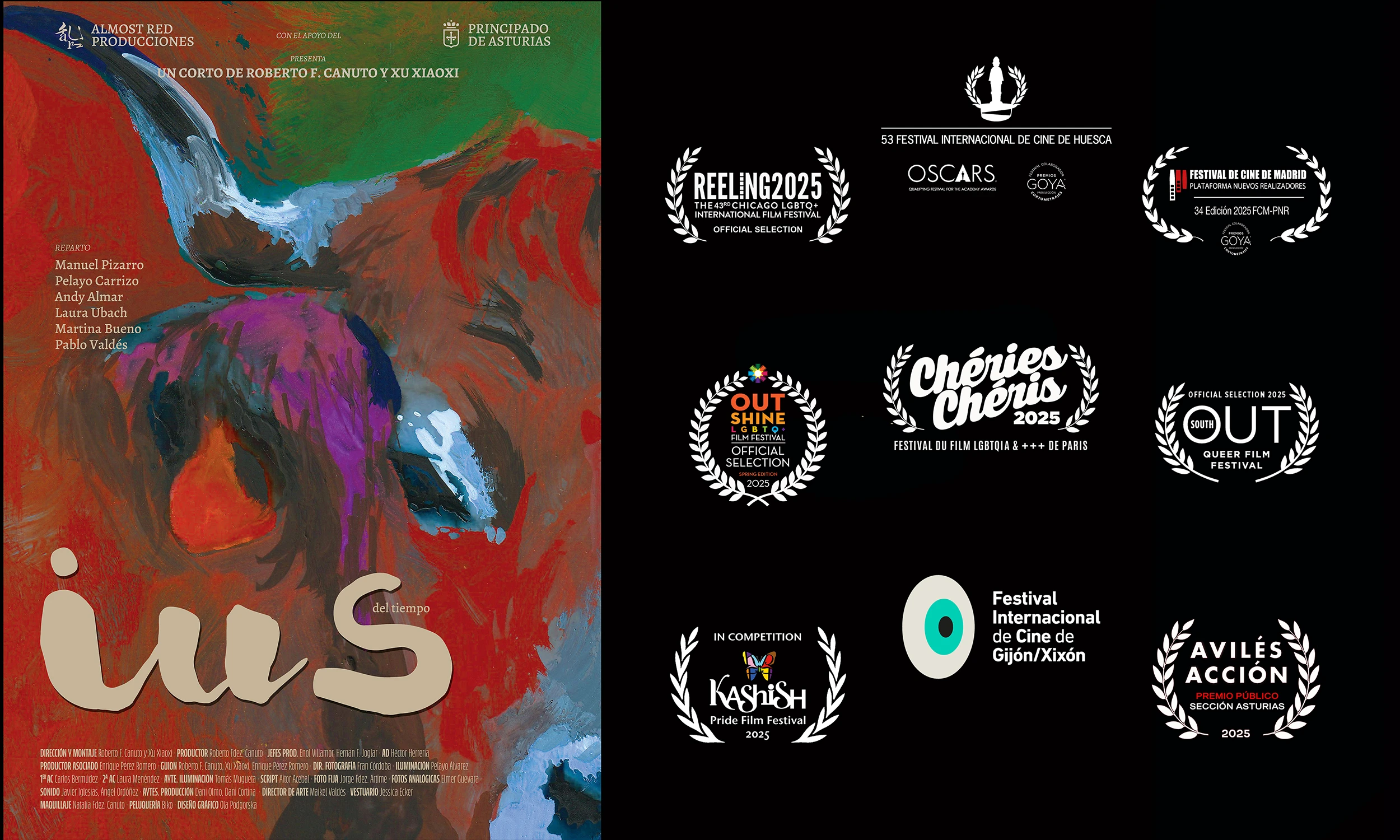 Spanish poster of the short film “IUS of Time” featuring logos from nine international film festivals, including Reeling, Outshine, OutSouth, Madrid Film Festival (FCM-PNR), Huesca International Film Festival, Gijón International Film Festival, Kashish Mumbai International Queer Film Festival, Avilés Acción Film Festival, and Chéries-Chéris LGBTQIA+ Film Festival, 2025.