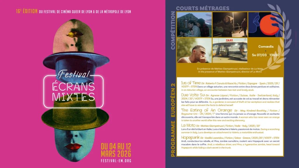 Écrans Mixtes Queer Film Festival poster alongside European Short Film Competition Programme 2, listing IUS of Time as the opening screening