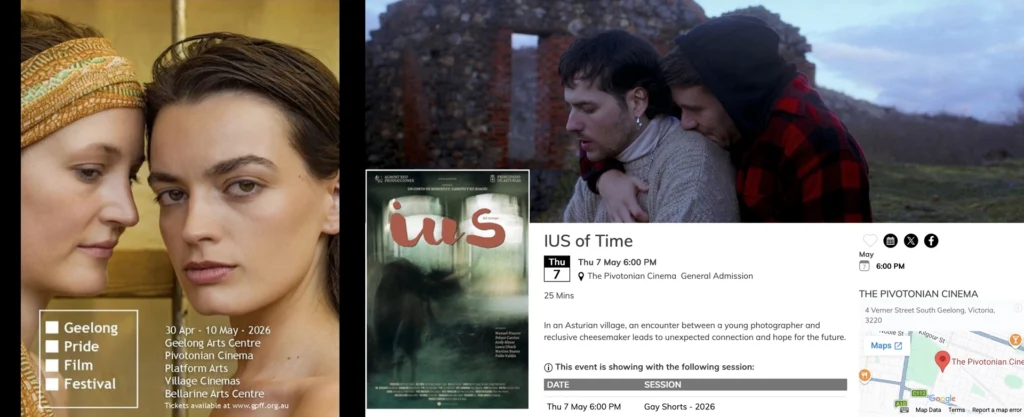 Geelong Pride Film Festival 2026 poster alongside IUS of Time screening details including date, venue and film poster