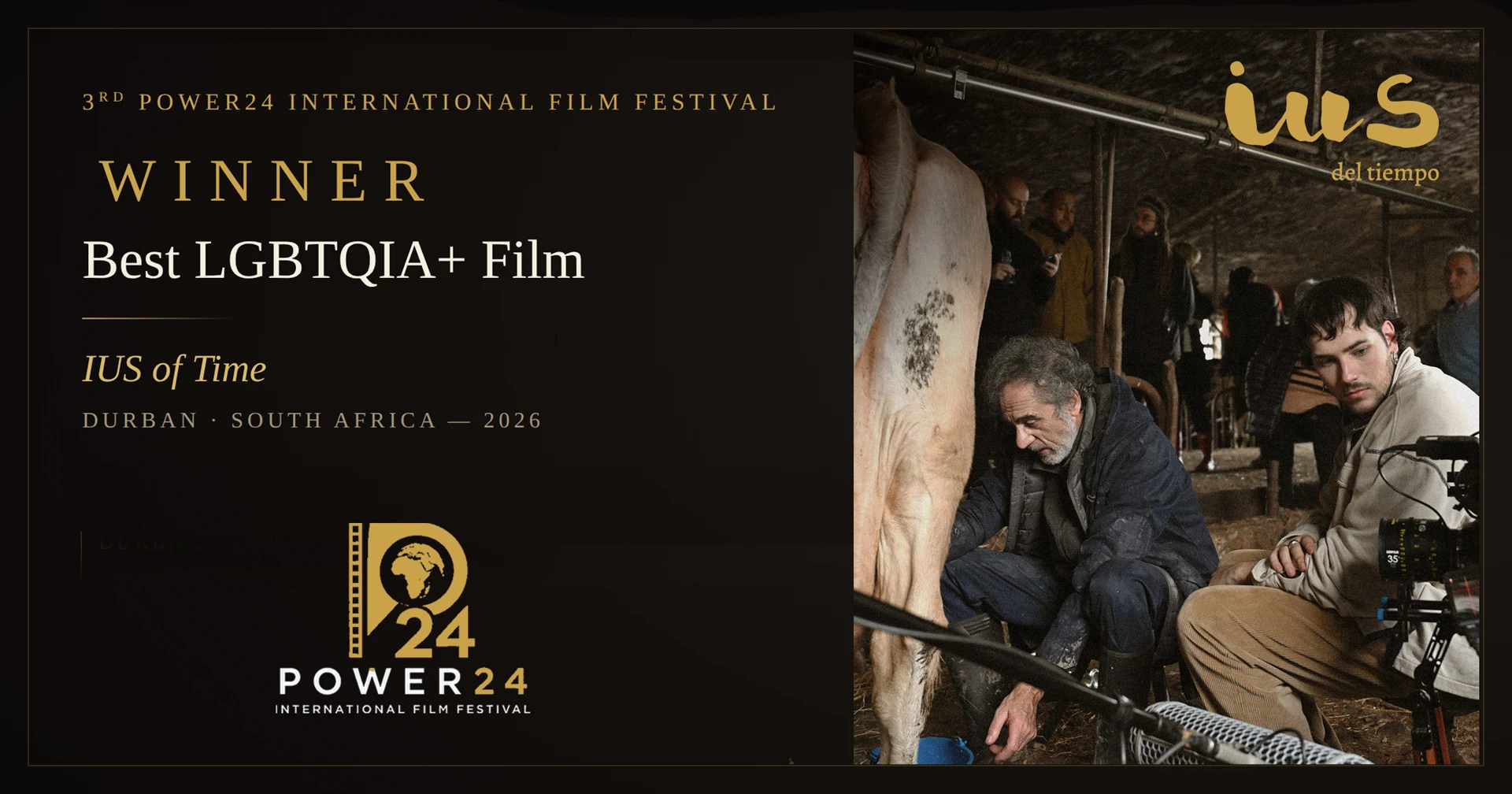 IUS of Time, winner of Best LGBTQIA+ Film at the 3rd Power24 International Film Festival (Durban, South Africa, 2026), with the film's two lead actors embracing.