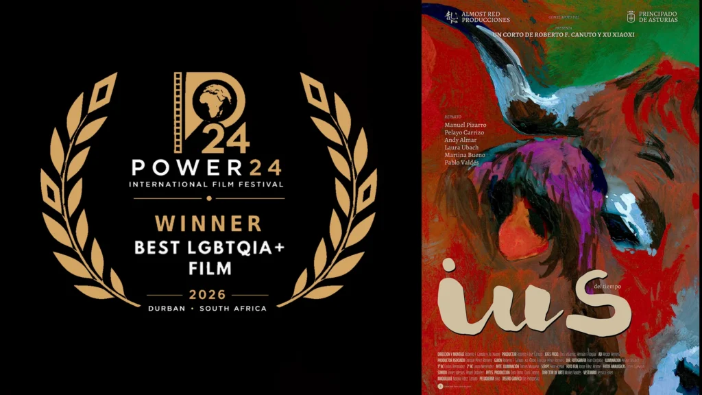 Laurel del Power24 International Film Festival que acredita a IUS del tiempo como ganadora del premio a la Mejor Película LGBTQIA+ (Durban, 2026), junto al cartel pictórico del cortometraje.