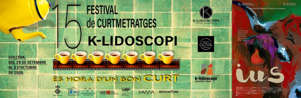 Imagen compuesta con el cartel del 15.º Festival K-Lidoscopi (izquierda) y el cartel del cortometraje «IUS del tiempo», de Roberto F. Canuto y Xu Xiaoxi (derecha).