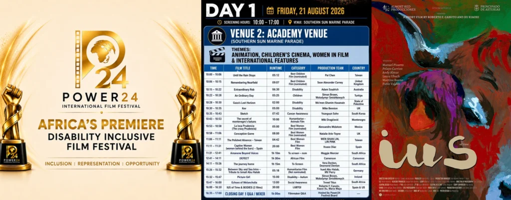 Programa de proyecciones del Power24 International Film Festival 2026 en Durban (Sudáfrica), con IUS del tiempo, de Roberto F. Canuto y Xu Xiaoxi