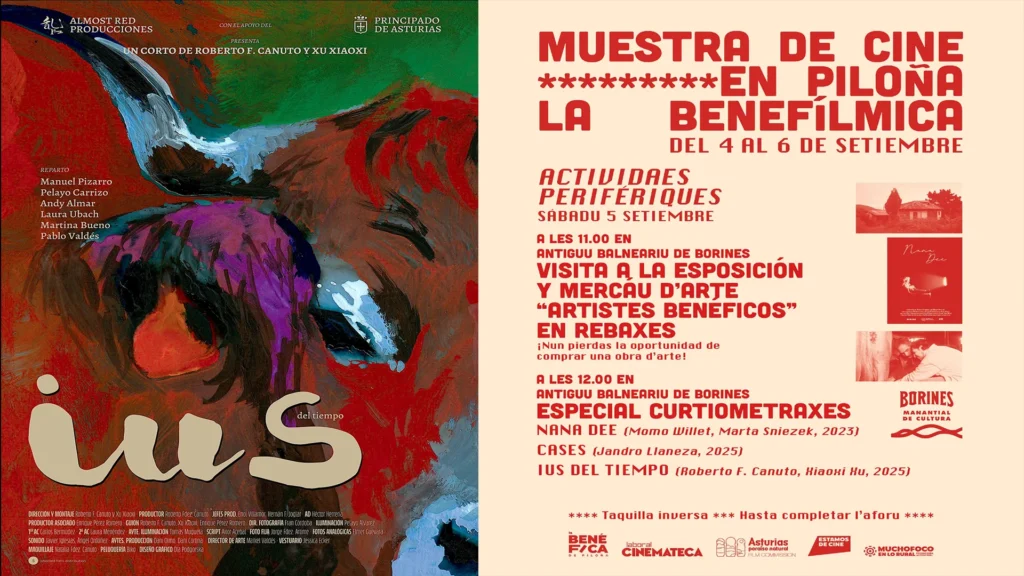 Poster of IUS of Time next to the La Benefílmica 2026 programme for the shorts session in Borines, Piloña.