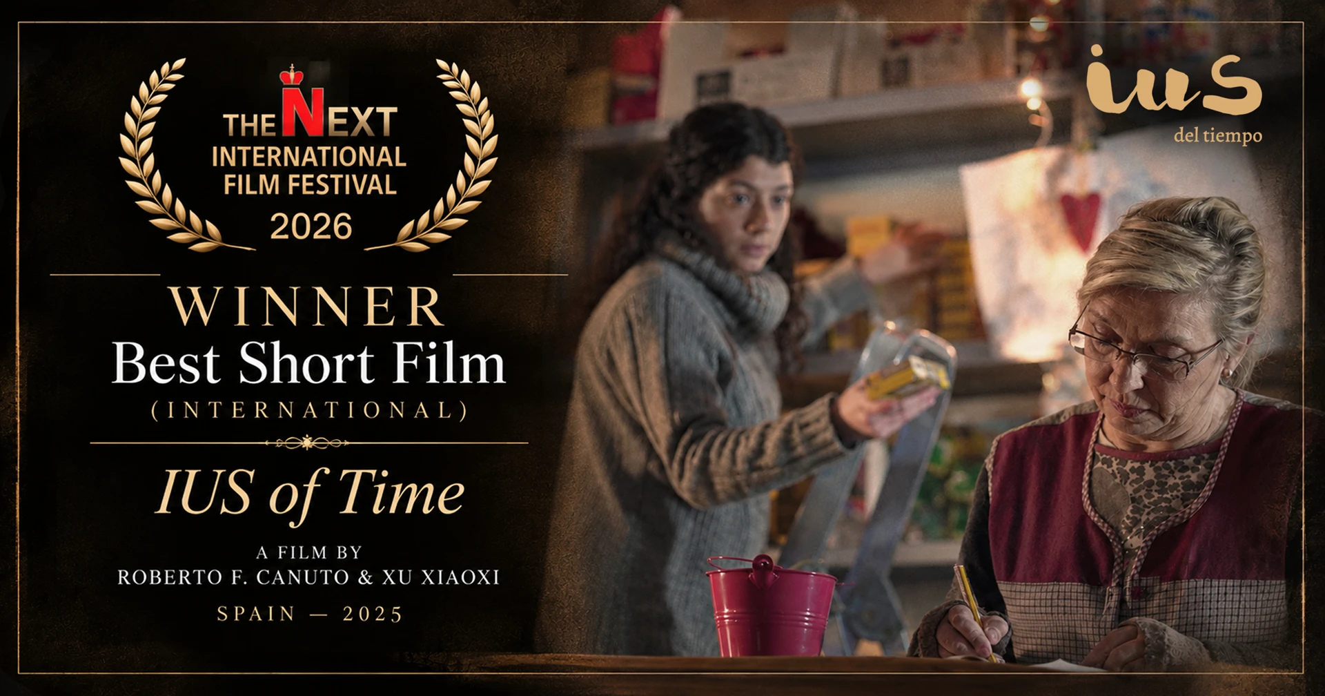 Scene from IUS of Time alongside its Best International Short Film winner laurel at the 8th NEXT International Film Festival, Kolkata, 2026.