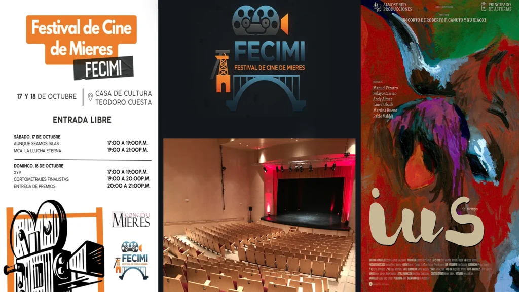 Poster for the 2nd Mieres Film Festival, the screening room at Casa de Cultura Teodoro Cuesta and the IUS of Time poster.