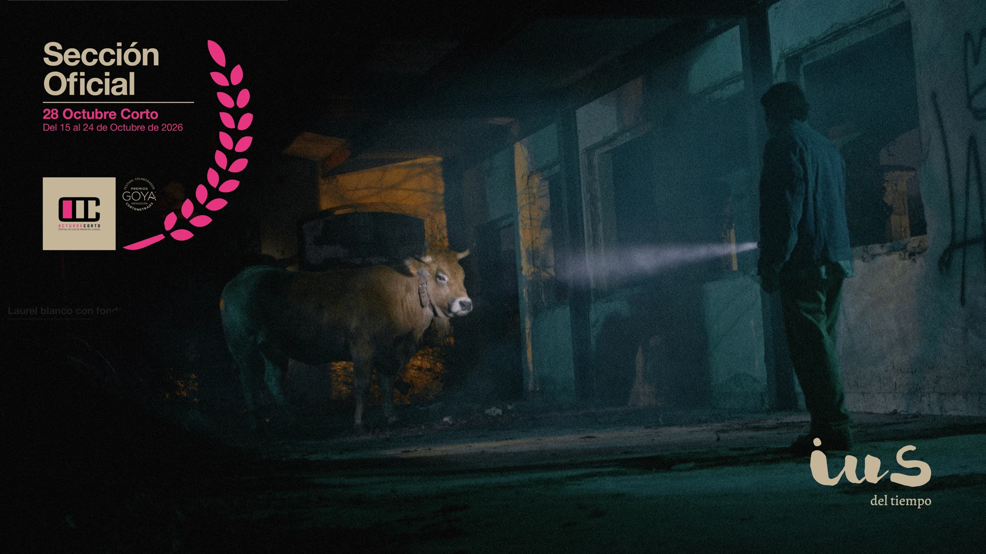 Pelayo Carrizo as Luca beside a cow inside the school in IUS of Time, with official selection laurels for the 28th Octubre Corto.
