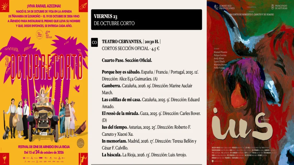 Carteles del 28.º Octubre Corto y de IUS del tiempo, junto al programa de la sesión del 23 de octubre de 2026.