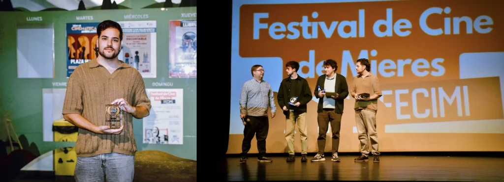Two photographs from FECIMI 2026: Pelayo Carrizo holding the Best Short Film trophy and participants on stage at the Mieres Film Festival.