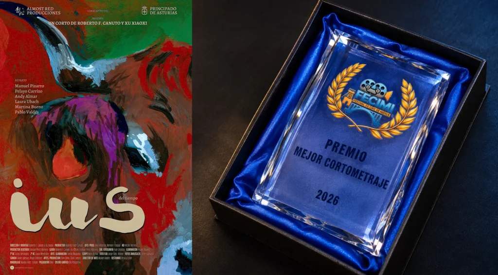 The IUS of Time poster beside the Best Short Film trophy from the 2nd Mieres Film Festival, displayed in its presentation box.
